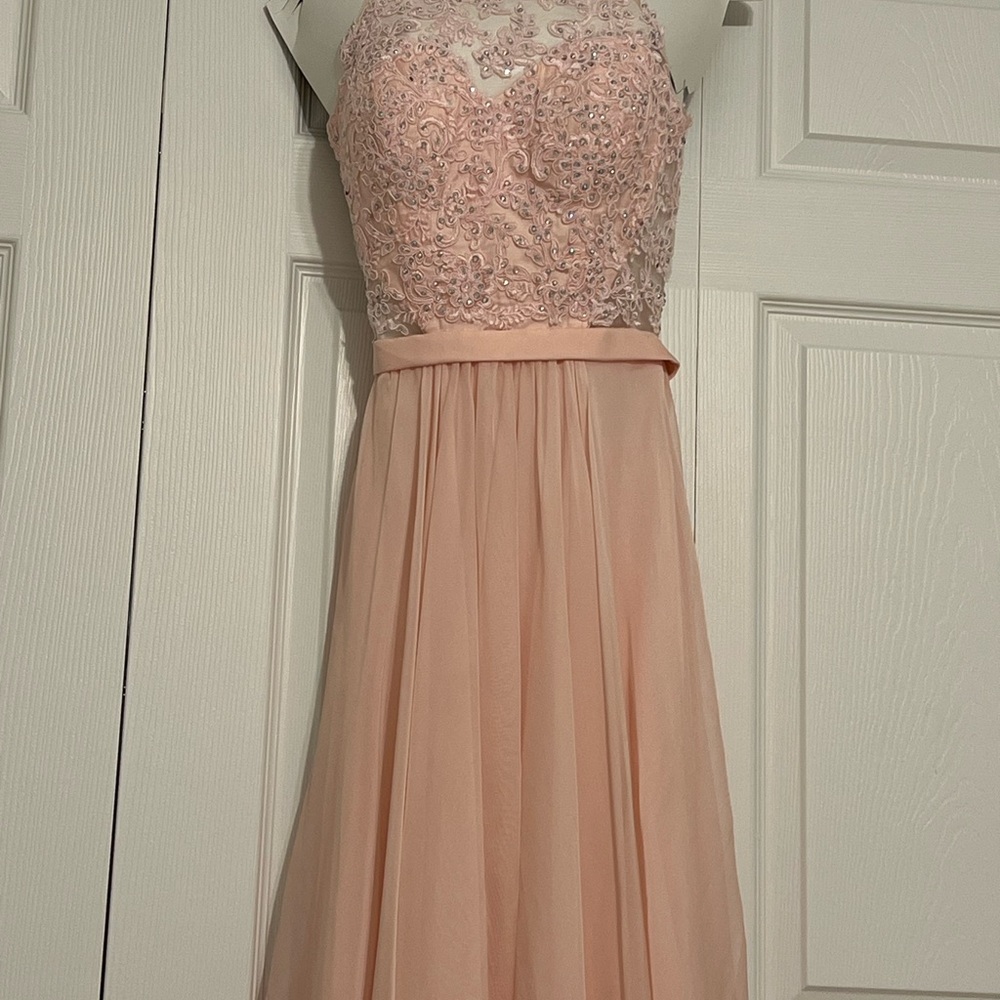 Prom Dress from La Femme in Pink-blush Lace